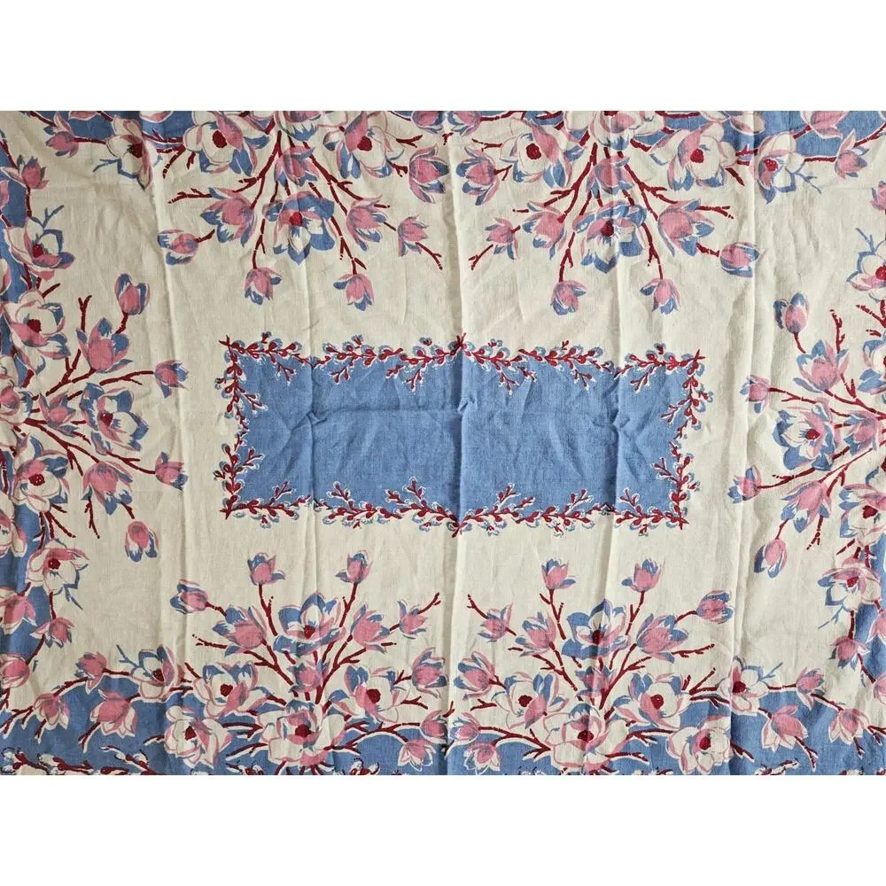 Vtg Floral Blue/Pink Cotton Tablecloth 64 x 50 Cottage Rustic Shabby Farmhouse